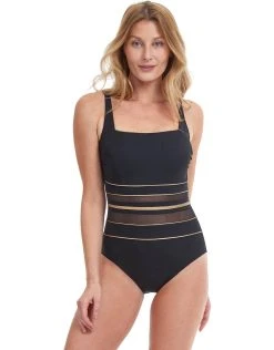 Gottex Onyx Square Neck Tank Swimsuit - Black And Gold
