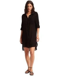 Seafolly Crinkle Twill Beach Shirt - Black