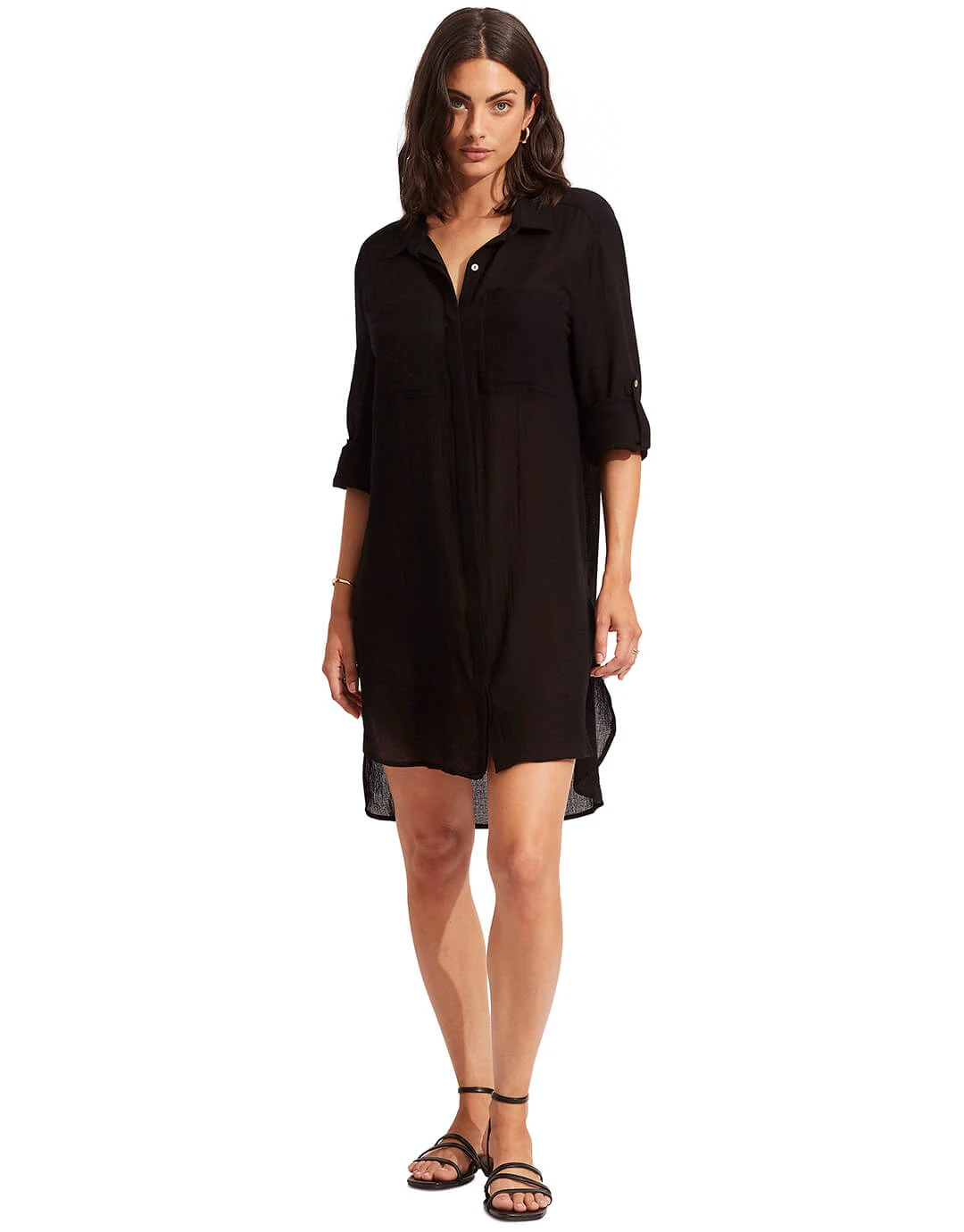 Seafolly Crinkle Twill Beach Shirt - Black 1 Seafolly Crinkle Twill Beach Shirt - Black