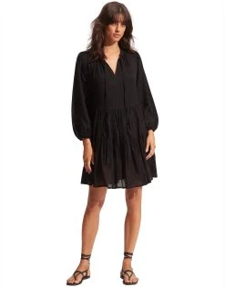 Seafolly Corsica Embroidery Tier Dress - Black