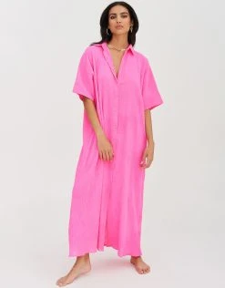 Pitusa Crinkle Button Down Dress - Hot Pink