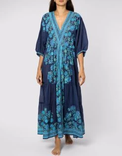 Juliet Dunn Rose Border Print V-Neck Maxi Dress - Indigo