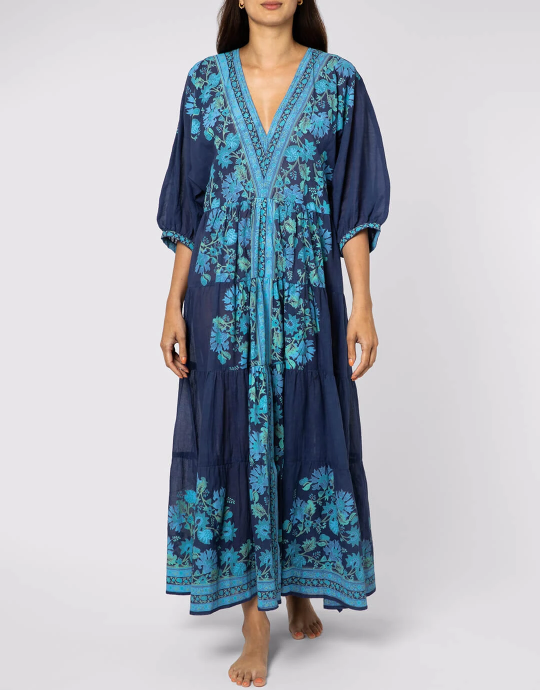 Juliet Dunn Rose Border Print V-Neck Maxi Dress - Indigo 1 Juliet Dunn Rose Border Print V-Neck Maxi Dress - Indigo