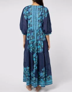 Juliet Dunn Rose Border Print V-Neck Maxi Dress - Indigo 7 Juliet Dunn Rose Border Print V-Neck Maxi Dress - Indigo -Pitusa Shop JD6097 INDIGO 2
