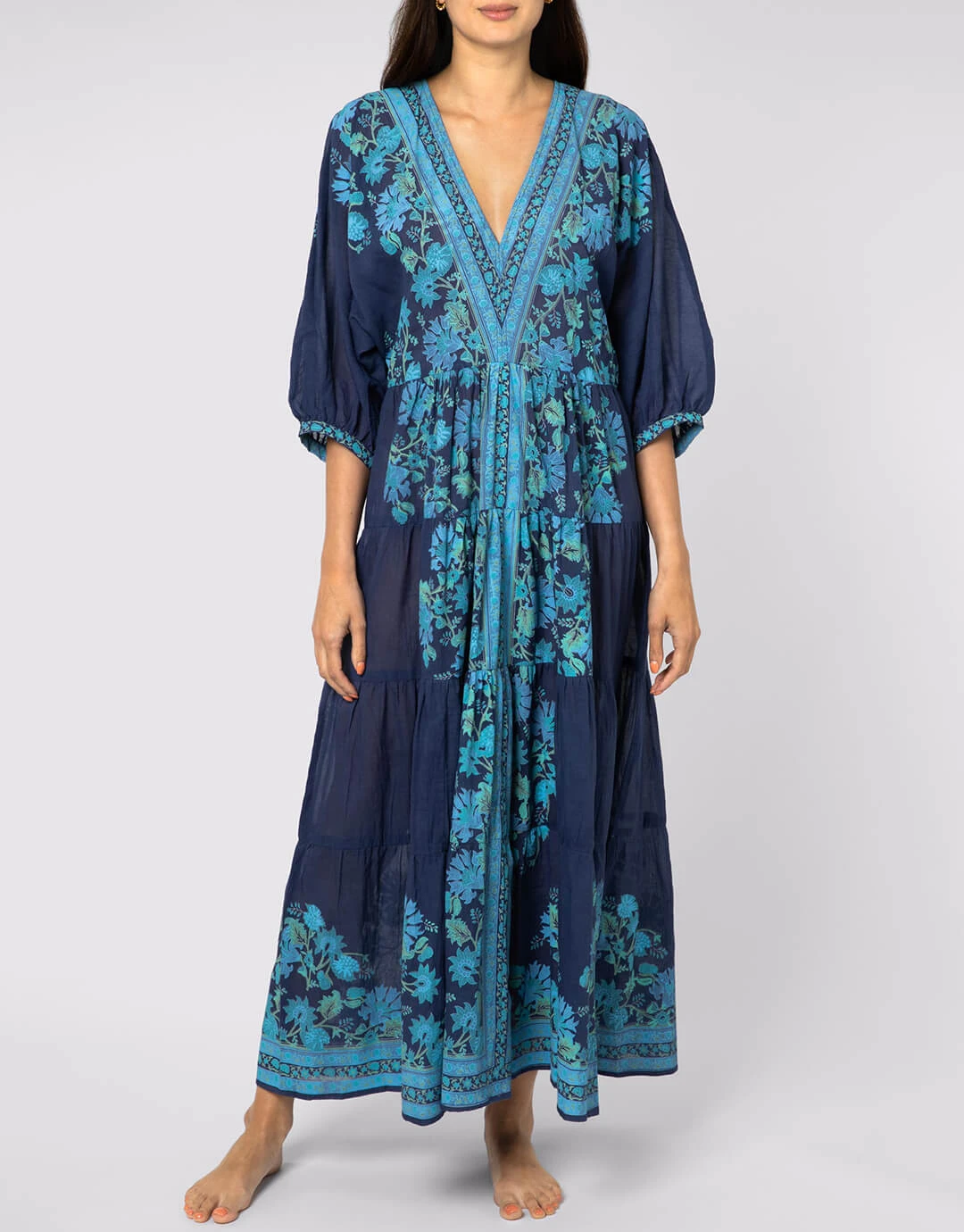 Juliet Dunn Rose Border Print V-Neck Maxi Dress - Indigo 2 Juliet Dunn Rose Border Print V-Neck Maxi Dress - Indigo - Image 2