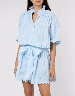 Juliet Dunn Poplin Blouson Dress With Ric-Rac Embroidery - Pale Blue
