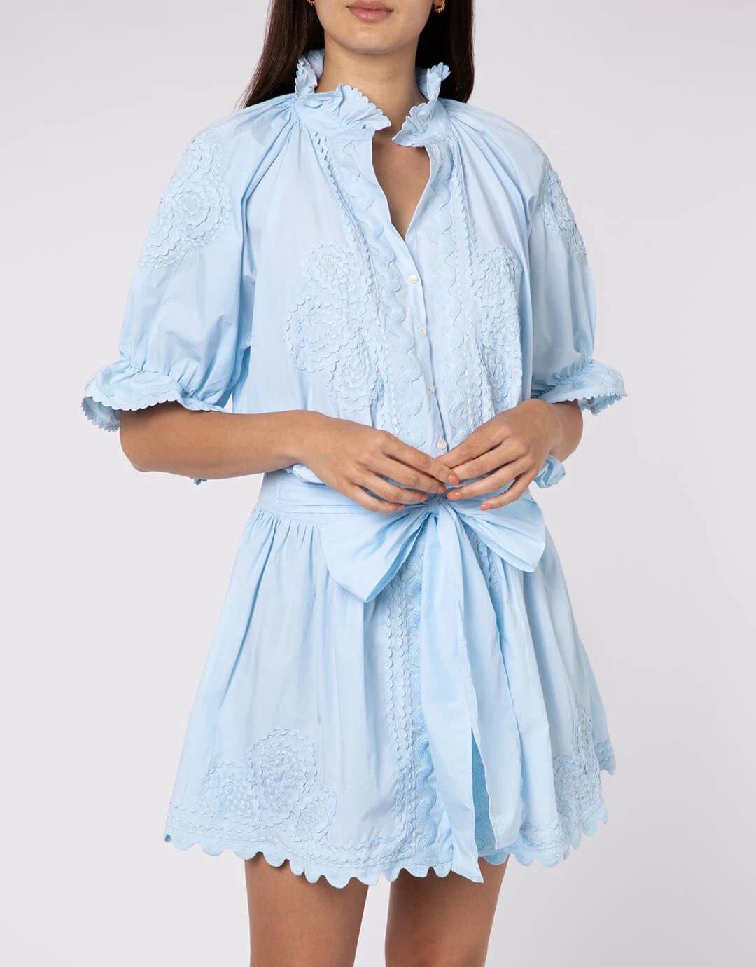 Juliet Dunn Poplin Blouson Dress With Ric-Rac Embroidery - Pale Blue 2 Juliet Dunn Poplin Blouson Dress With Ric-Rac Embroidery - Pale Blue - Image 2