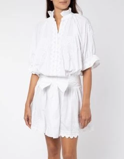 Juliet Dunn Poplin Blouson Dress With Ric-Rac Embroidery - White