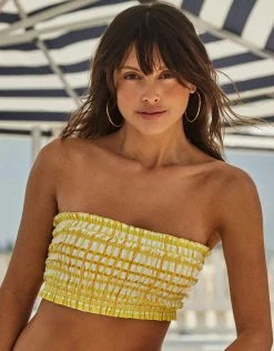 Seafolly Amalfi Check Shirred Longline Bandeau Bikini Top - Lime Light