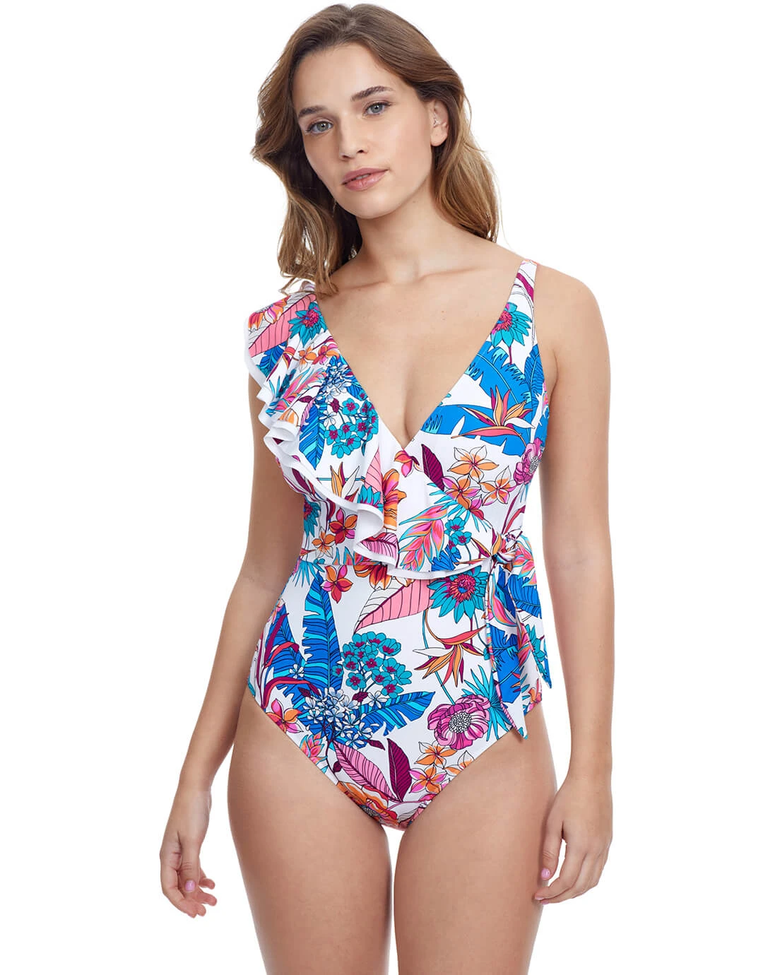 Gottex Profile Bohemian Gypsy Ruffle Shoulder Surplice Swimsuit - White 1 Gottex Profile Bohemian Gypsy Ruffle Shoulder Surplice Swimsuit - White