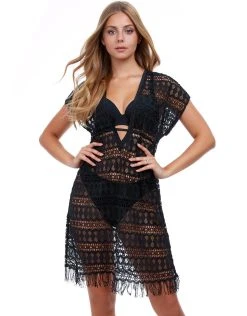 Gottex Profile Tutti Frutti Crochet Plunge V Neck Dress - Black