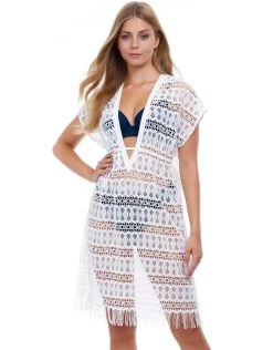 Gottex Profile Tutti Frutti Crochet Plunge V Neck Dress - White