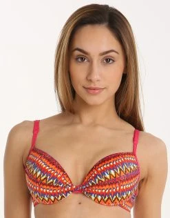 Lepel Rainbow Beach Twist Plunge Moulded Bikini Top - Pink Print
